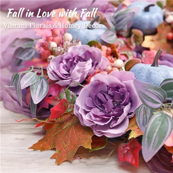 20" Autumn Wreath with‎ Silk Peony Maple Leaf & Pumpkin, Handcrafted with Lights - Picture 2 of 6